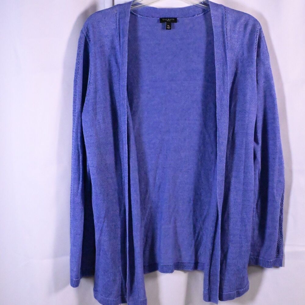 Talbots Women's Medium Petite Blue Linen Open‎ Front Cardigan Sweater